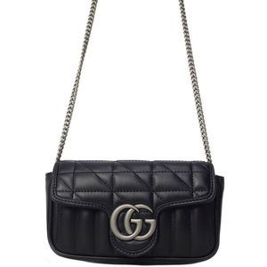 Gucci GG Marmont Quilted Leather Super Mini Bag Chain Shoulder Bag Black